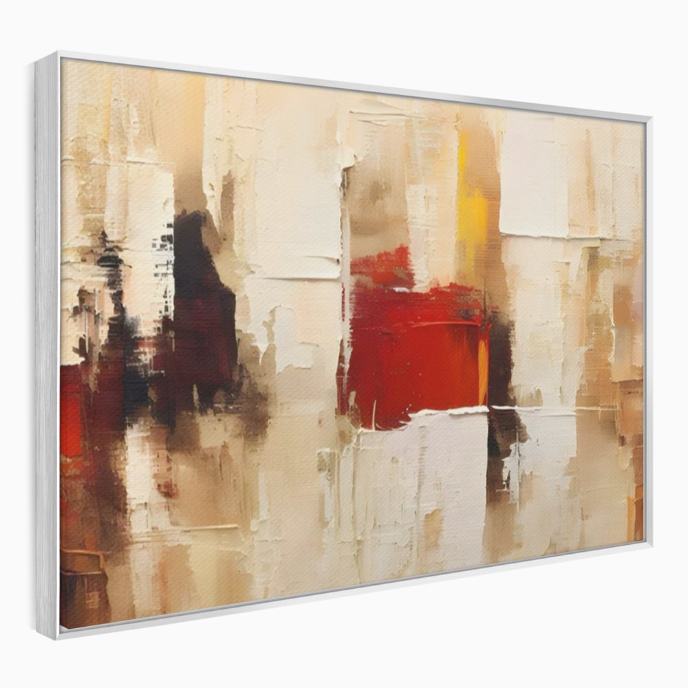 Tablou canvas cu pictura abstracta cu pete de rosu si bej, in rama de aluminiu argintiu